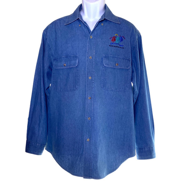 MAYA Mens Small Denim Long Sleeve Button Front Shirt Embroidered Breckenridge - Picture 1 of 8